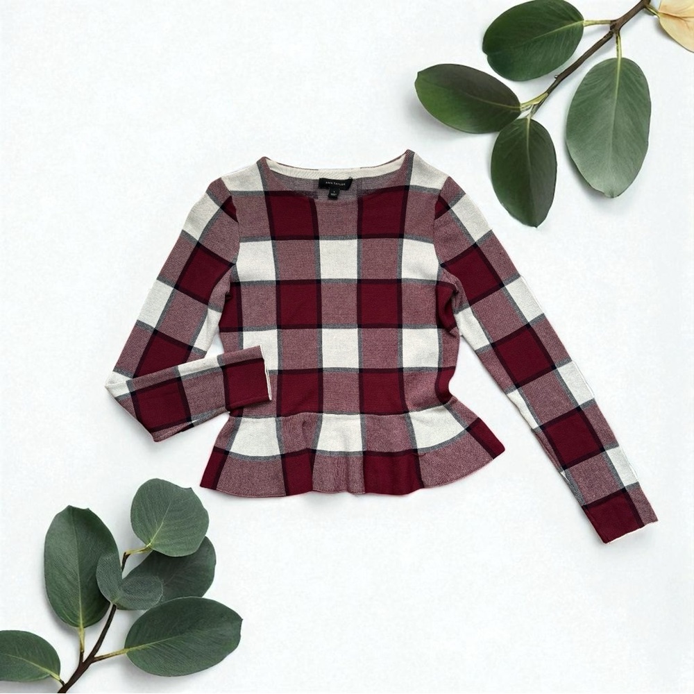 ✨ Ann Taylor Burgundy Plaid Peplum Sweater Blouse
